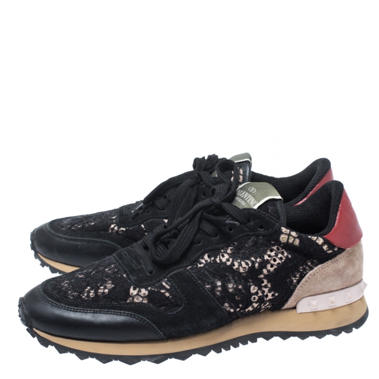 Pre Owned Valentino Multicolor Suede Leather And Macramé Lace Rockrunner Sneakers Size 38