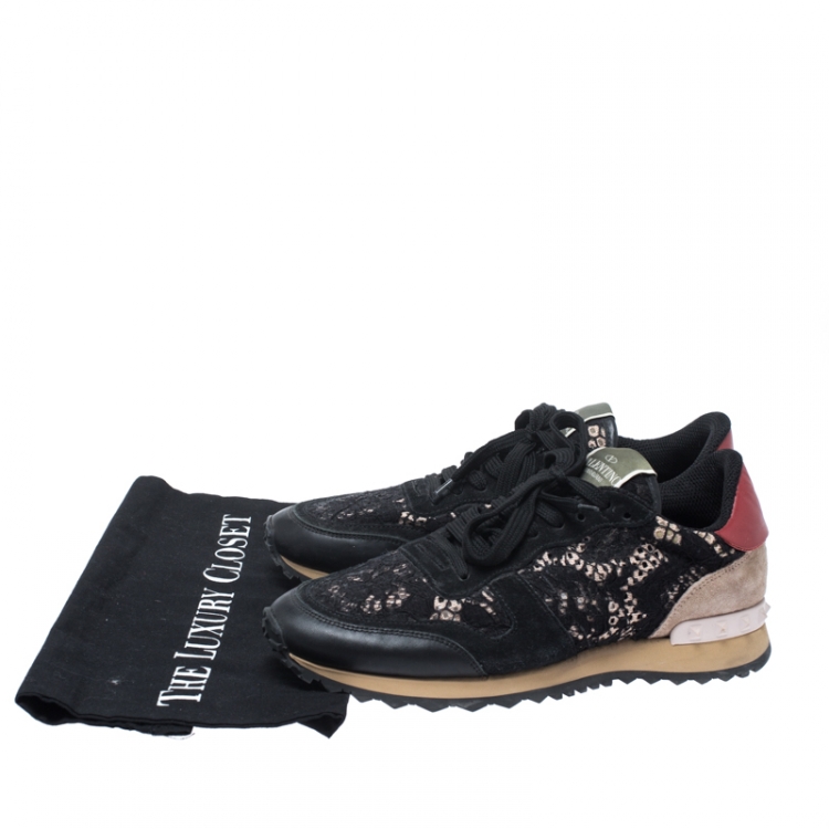 Pre Owned Valentino Multicolor Suede Leather And Macramé Lace Rockrunner Sneakers Size 38