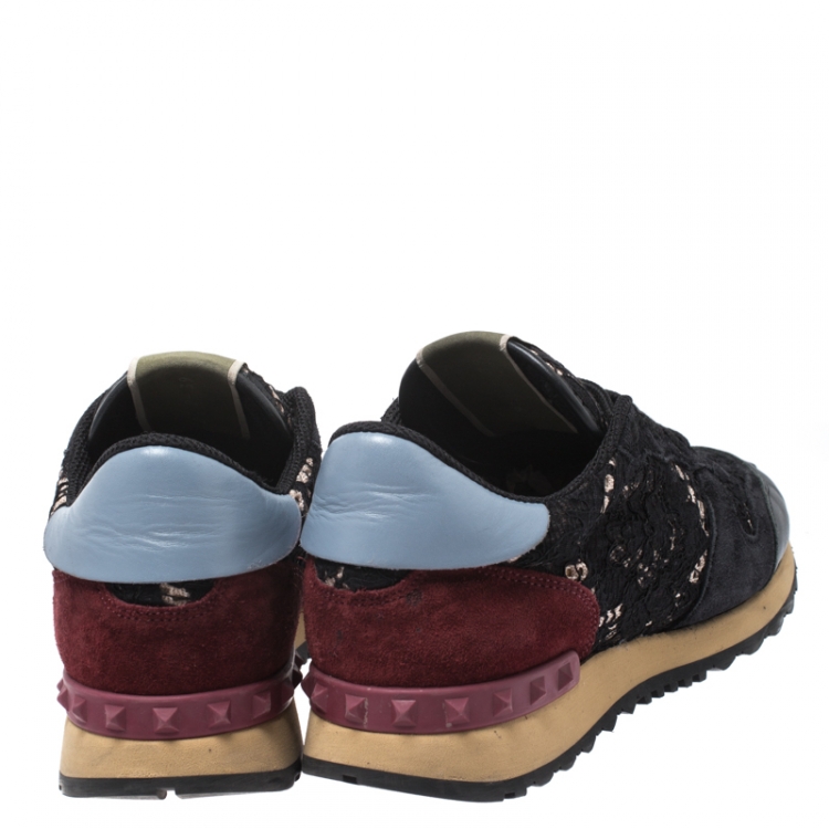 Pre Owned Valentino Multicolor Suede, Leather And Macramé Lace Rockrunner Sneakers Size 39
