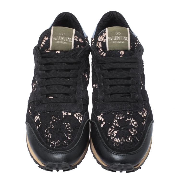 Pre Owned Valentino Multicolor Suede, Leather And Macramé Lace Rockrunner Sneakers Size 39