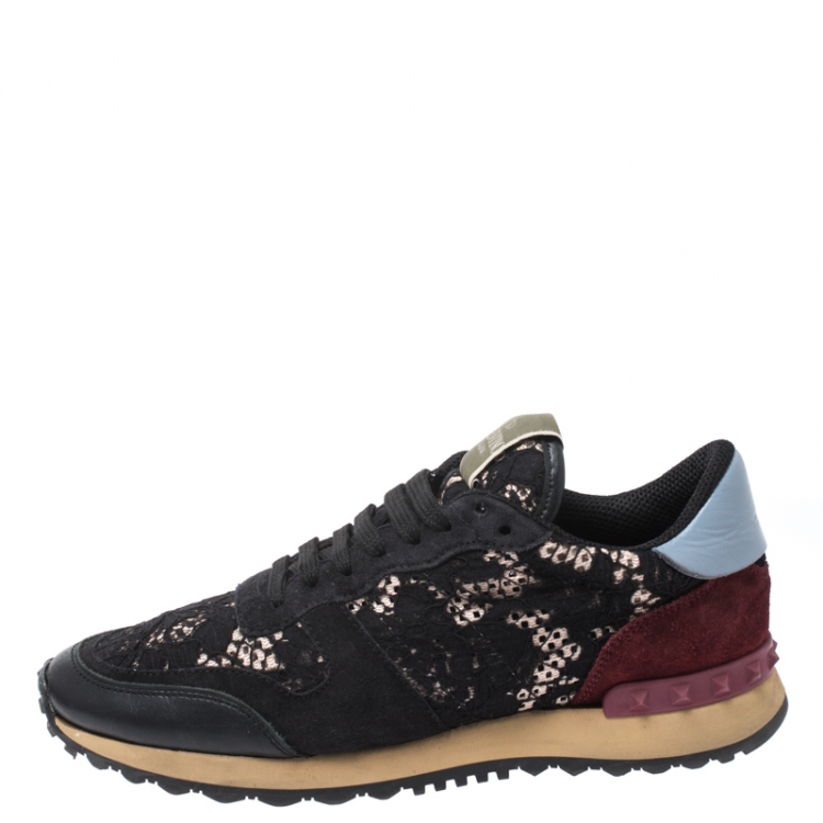 Valentino Multicolor Suede, Leather And Macramé Lace Rockrunner Sneakers Size 39 | TLC