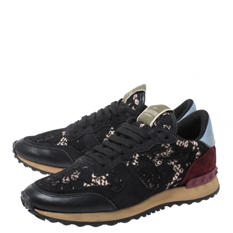 Pre Owned Valentino Multicolor Suede, Leather And Macramé Lace Rockrunner Sneakers Size 39