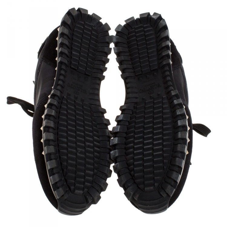 Pre Owned Valentino Black Suede and Camouflage Nylon Studded Low Top Sneakers Size 41.5