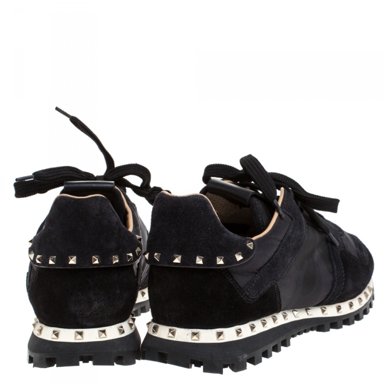 Pre Owned Valentino Black Suede and Camouflage Nylon Studded Low Top Sneakers Size 41.5
