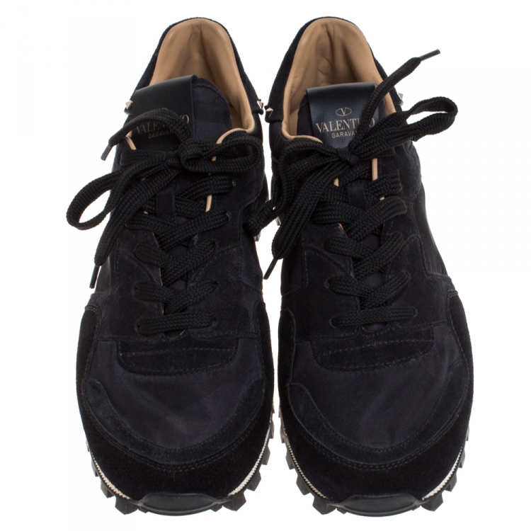 Pre Owned Valentino Black Suede and Camouflage Nylon Studded Low Top Sneakers Size 41.5