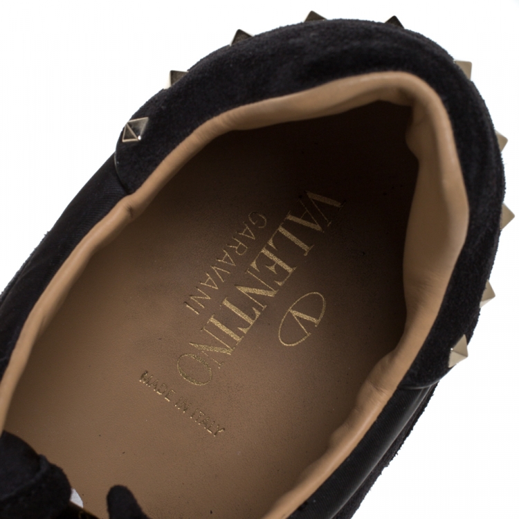 Pre Owned Valentino Black Suede and Camouflage Nylon Studded Low Top Sneakers Size 41.5