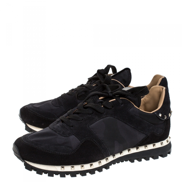 Pre Owned Valentino Black Suede and Camouflage Nylon Studded Low Top Sneakers Size 41.5