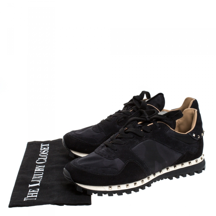 Pre Owned Valentino Black Suede and Camouflage Nylon Studded Low Top Sneakers Size 41.5