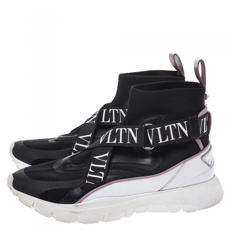 مملوكة مسبقًا Valentino Black Stretch Knit and Leather VLTN Heroes Her Low-Top Sneakers Size 38