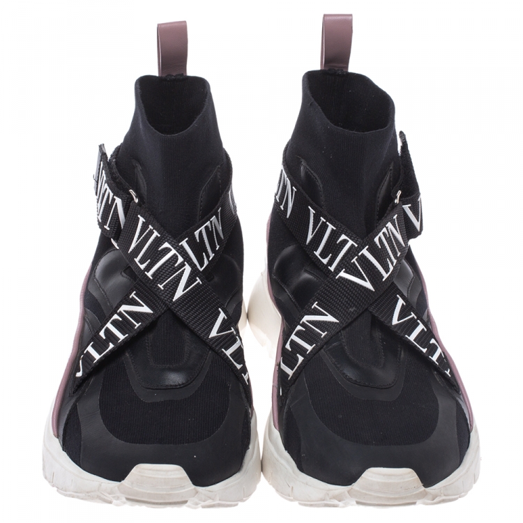 مملوكة مسبقًا Valentino Black Stretch Knit and Leather VLTN Heroes Her Low-Top Sneakers Size 38