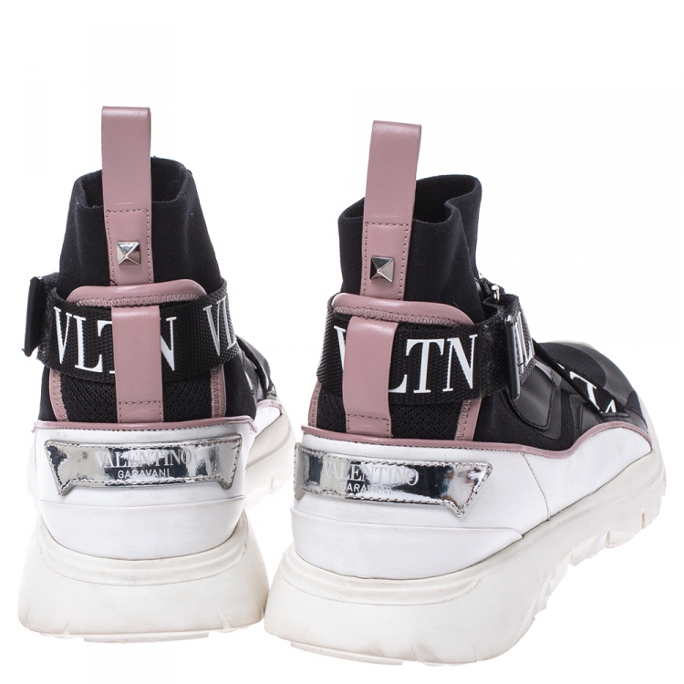 مملوكة مسبقًا Valentino Black Stretch Knit and Leather VLTN Heroes Her Low-Top Sneakers Size 38
