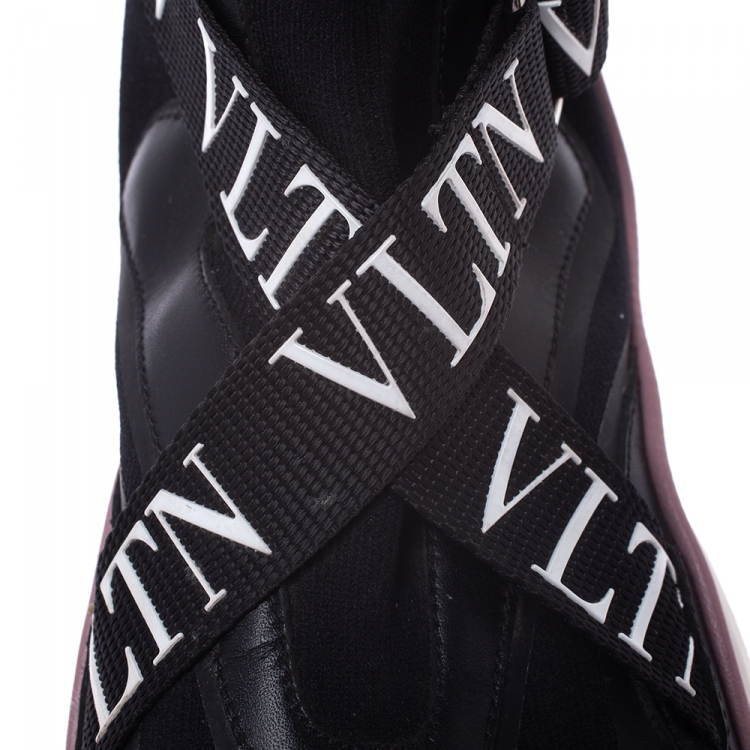 مملوكة مسبقًا Valentino Black Stretch Knit and Leather VLTN Heroes Her Low-Top Sneakers Size 38