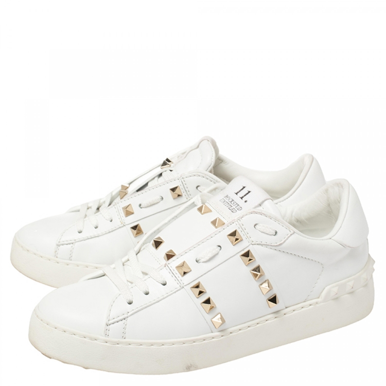 Pre Owned Valentino White Leather Open Rockstud  Sneakers Size 36