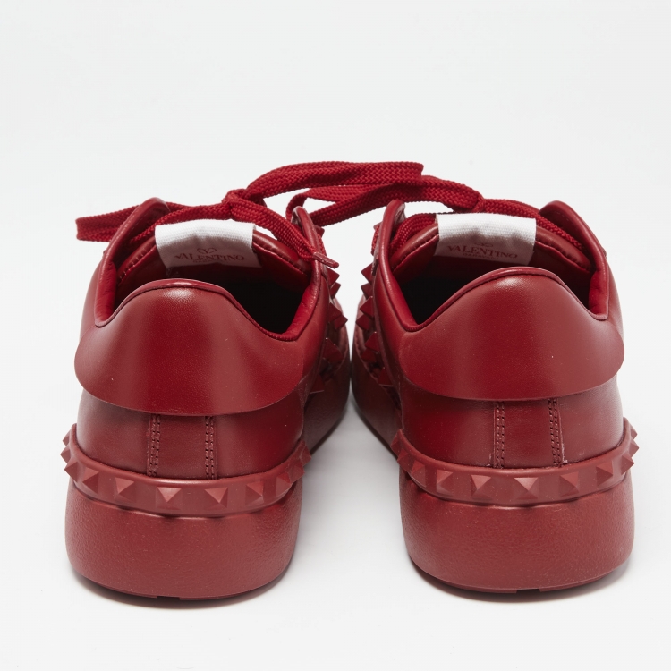 Pre Owned Valentino Red Leather Rockstud Low Top Sneakers Size 39.5