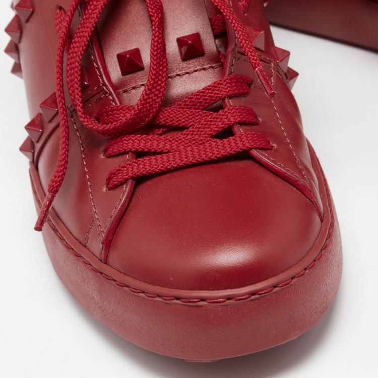 Pre Owned Valentino Red Leather Rockstud Low Top Sneakers Size 39.5