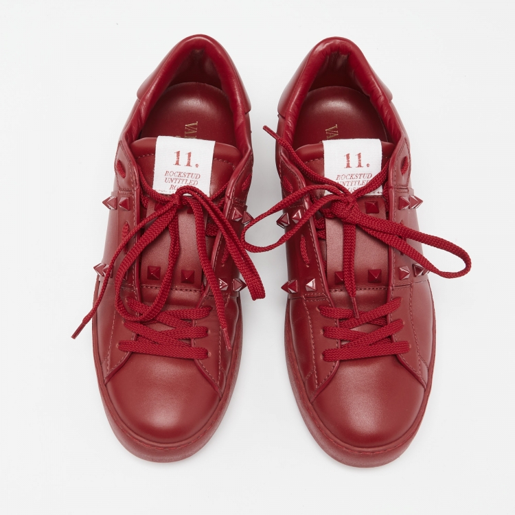 Pre Owned Valentino Red Leather Rockstud Low Top Sneakers Size 39.5