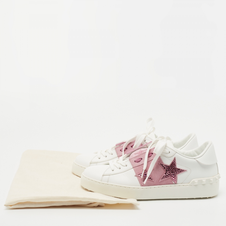 Pre Owned Valentino White Leather and Suede Rockstud Sneakers Size 38