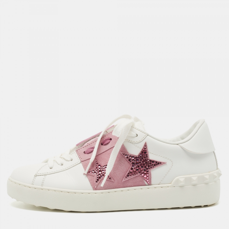 Pre Owned Valentino White Leather and Suede Rockstud Sneakers Size 38