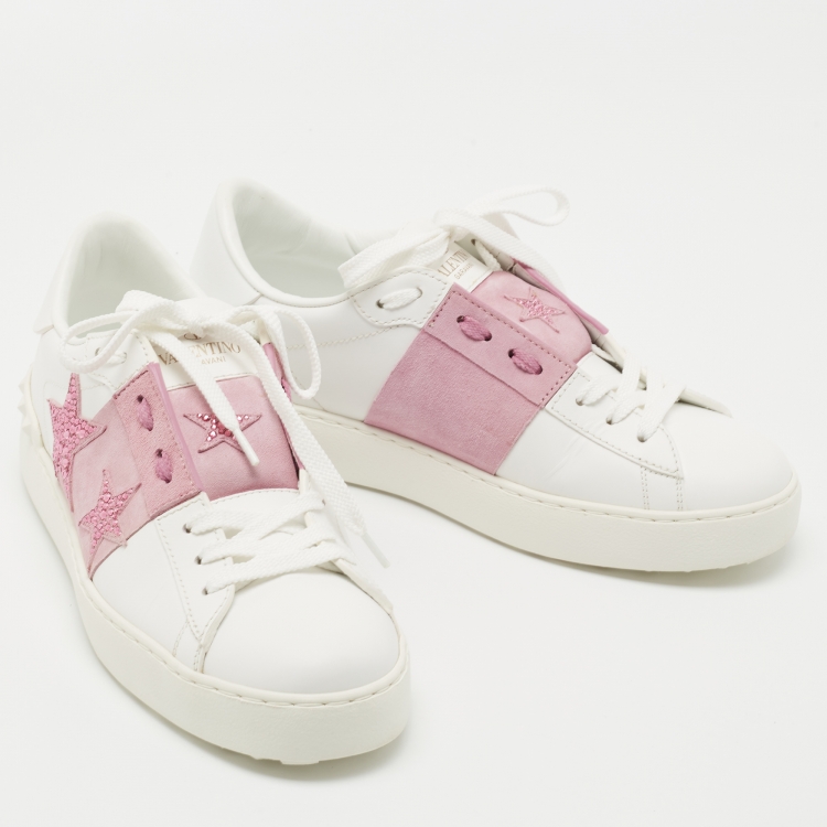 Pre Owned Valentino White Leather and Suede Rockstud Sneakers Size 38