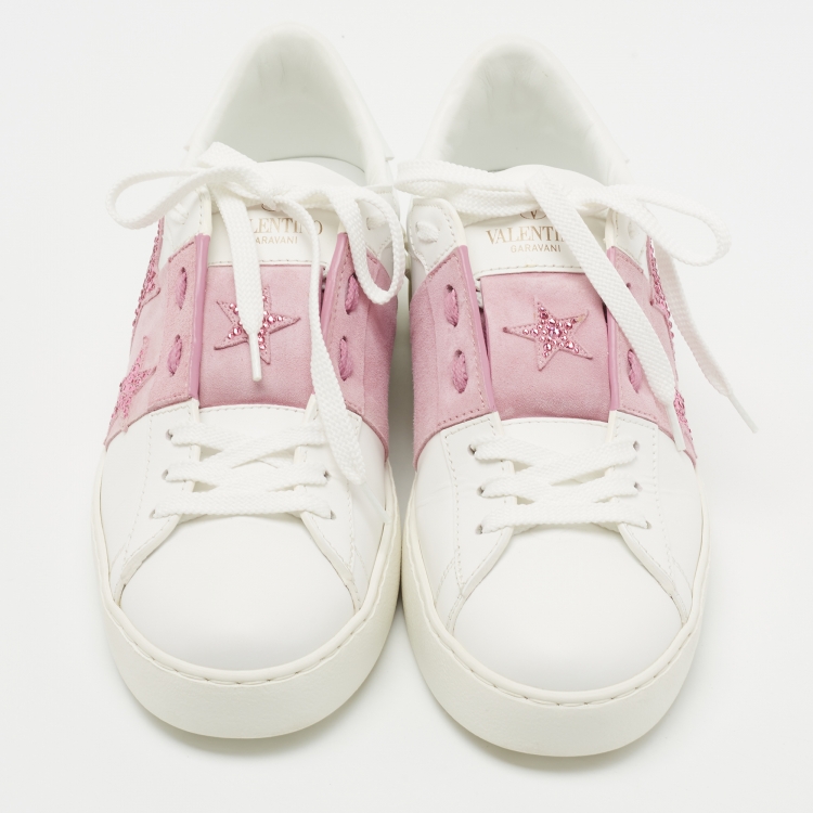 Pre Owned Valentino White Leather and Suede Rockstud Sneakers Size 38