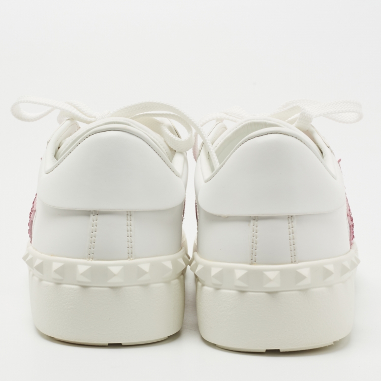 Pre Owned Valentino White Leather and Suede Rockstud Sneakers Size 38