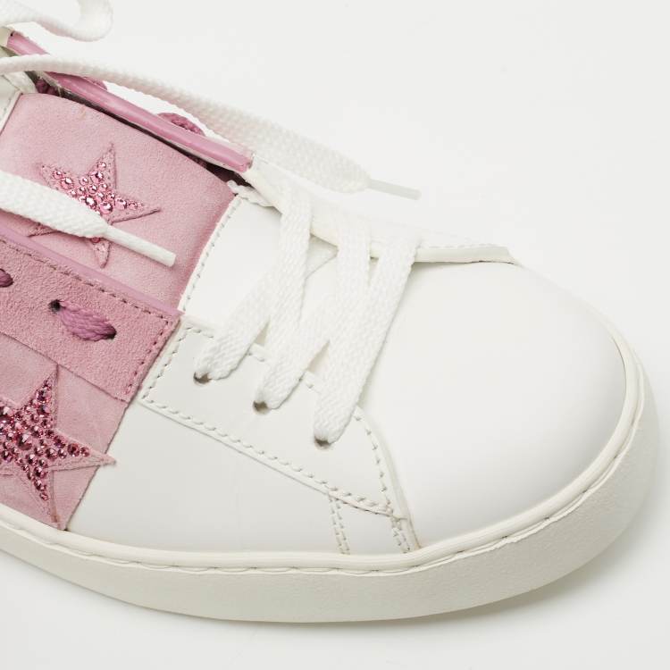 Pre Owned Valentino White Leather and Suede Rockstud Sneakers Size 38