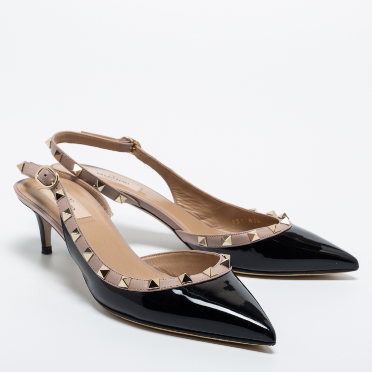 Pre Owned Valentino Black Patent Leather Rockstud Slingback Pumps Size 39