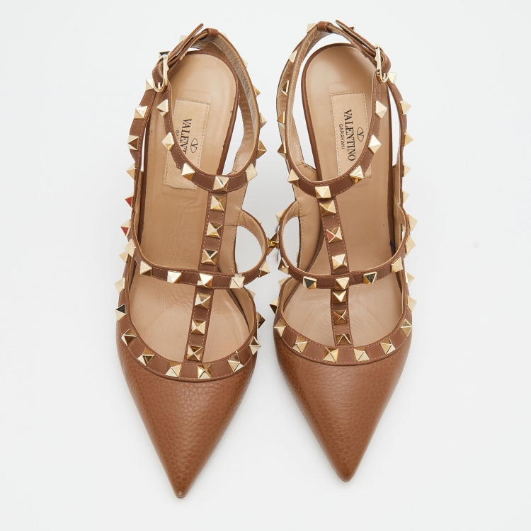 Pre Owned Valentino Brown Leather Rockstud Ankle Strap Pumps Size 38