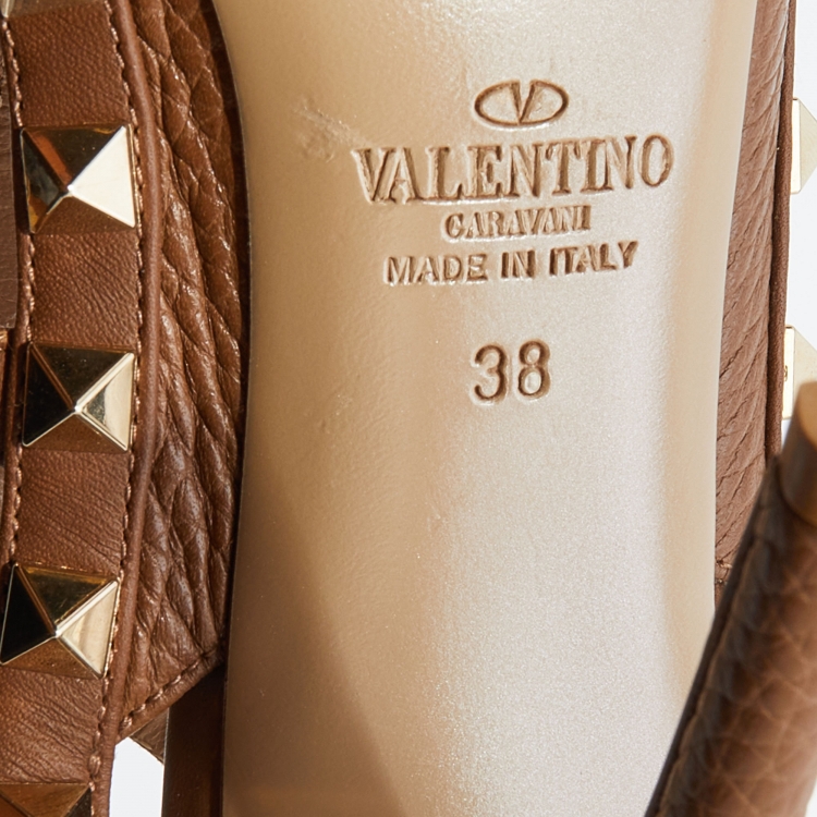 Pre Owned Valentino Brown Leather Rockstud Ankle Strap Pumps Size 38