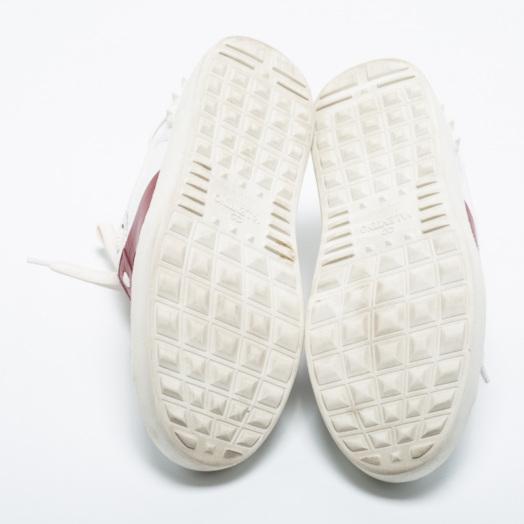 Pre Owned Valentino White/Burgundy Leather Logo Low Top Sneakers Size 37.5