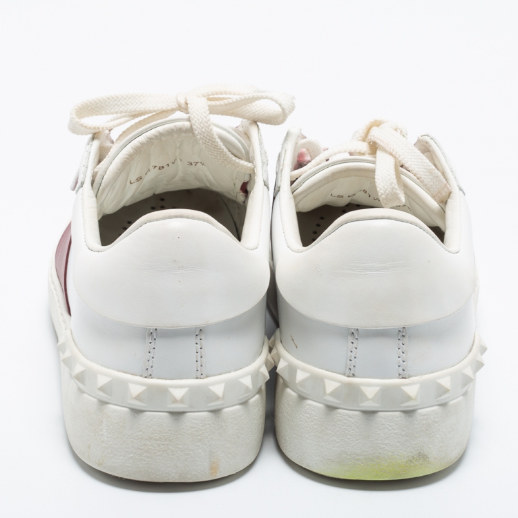 Pre Owned Valentino White/Burgundy Leather Logo Low Top Sneakers Size 37.5