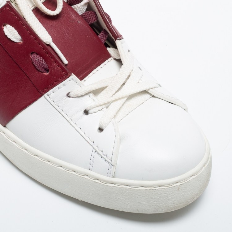Pre Owned Valentino White/Burgundy Leather Logo Low Top Sneakers Size 37.5