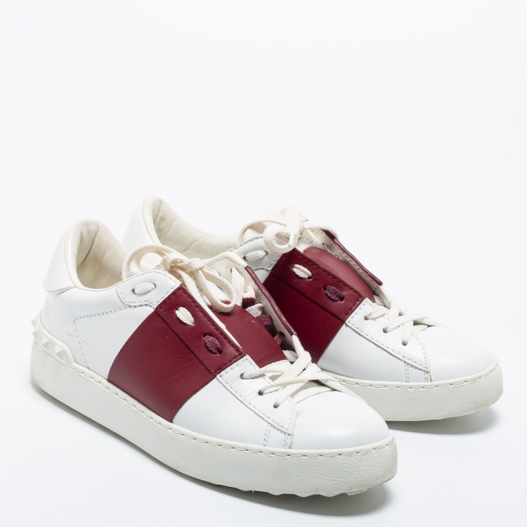 Pre Owned Valentino White/Burgundy Leather Logo Low Top Sneakers Size 37.5
