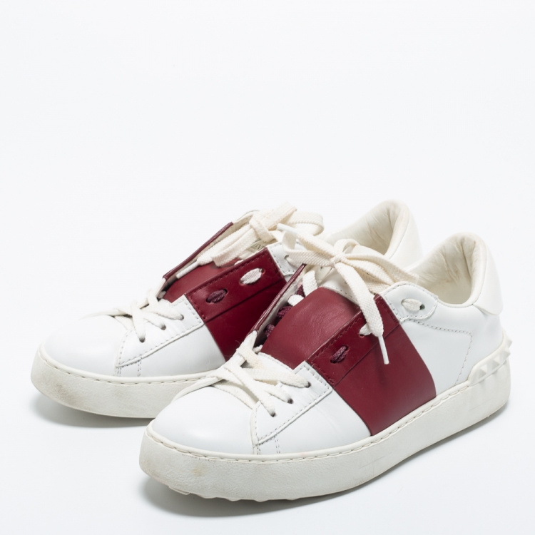 Pre Owned Valentino White/Burgundy Leather Logo Low Top Sneakers Size 37.5