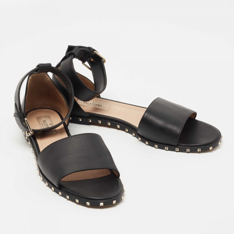 Pre Owned Valentino Black Leather Rockstud Ankle Strap Flat Sandals Size 38