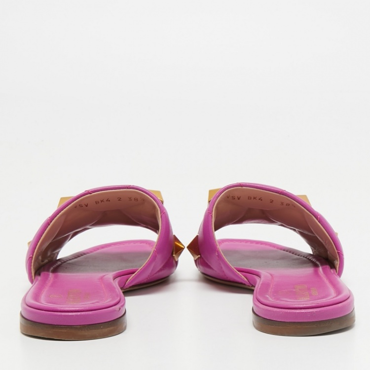Pre Owned Valentino Purple Leather Roman Stud Flat Slides Size 38.5