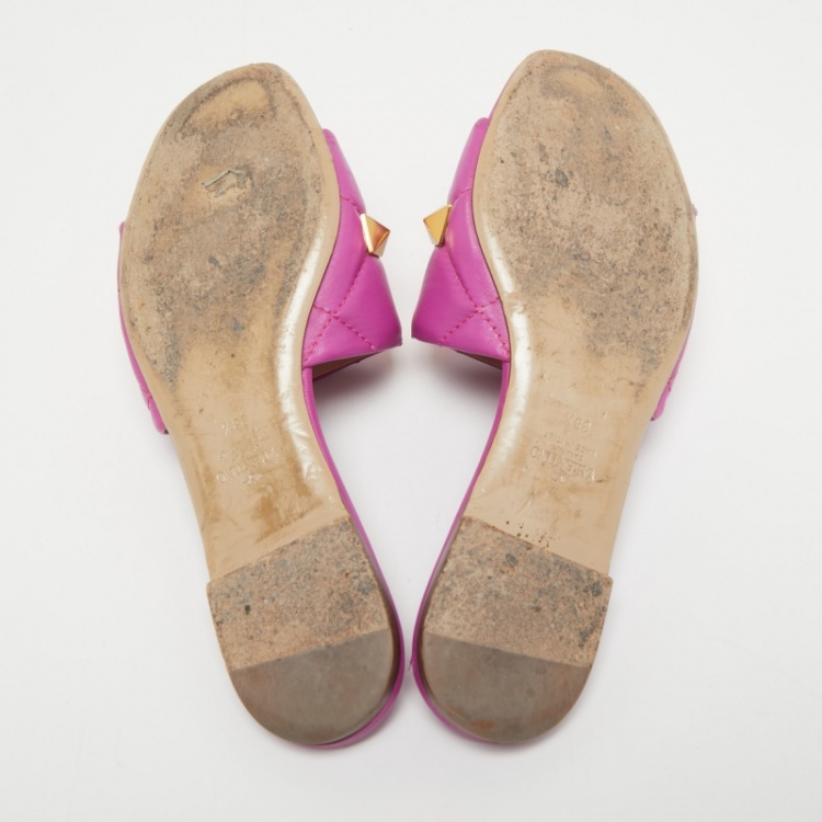 Pre Owned Valentino Purple Leather Roman Stud Flat Slides Size 38.5