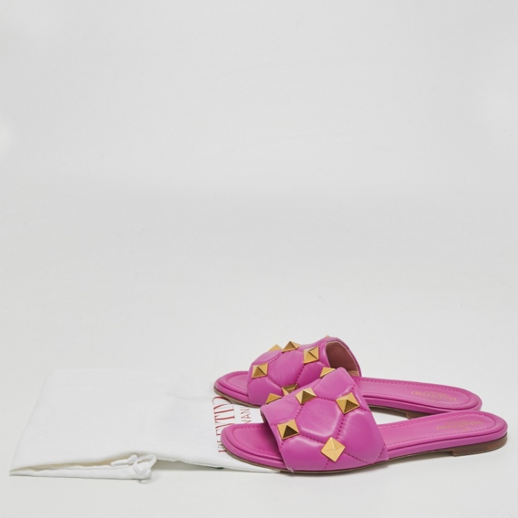 Pre Owned Valentino Purple Leather Roman Stud Flat Slides Size 38.5