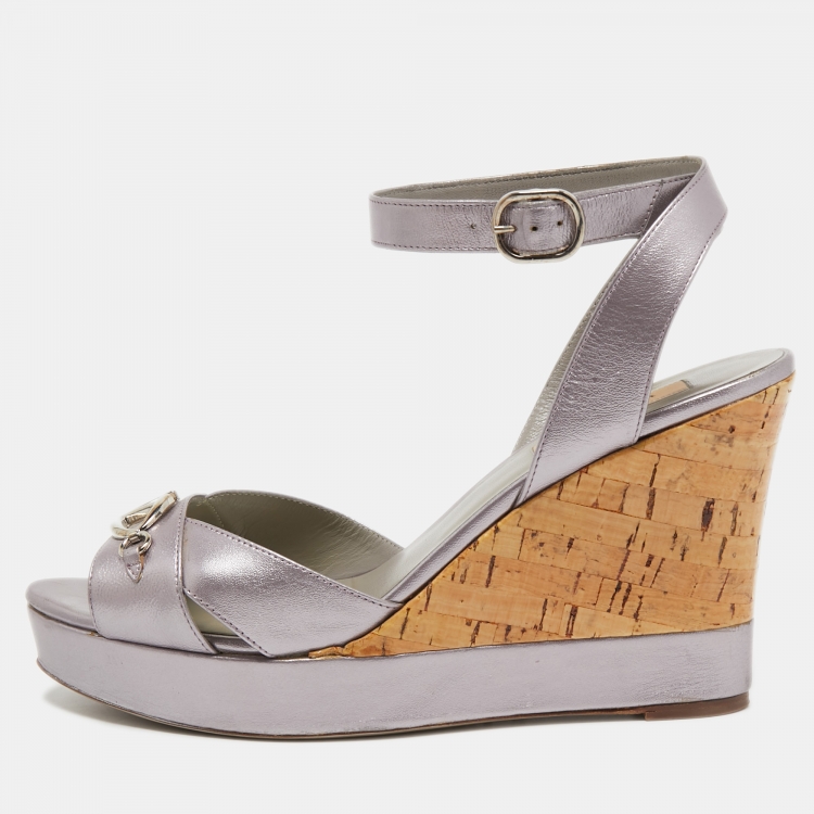 Pre Owned Valentino Metallic Silver Leather Cork Wedge Sandals Size 39.5