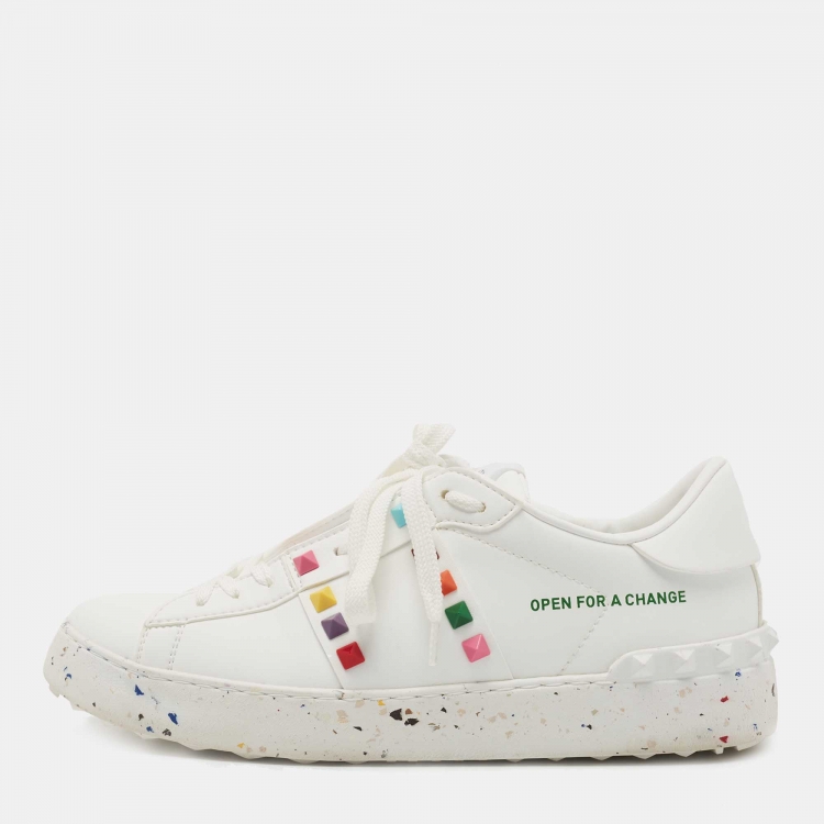 مملوكة مسبقًا Valentino White Leather Rockstud Sneakers Size 38