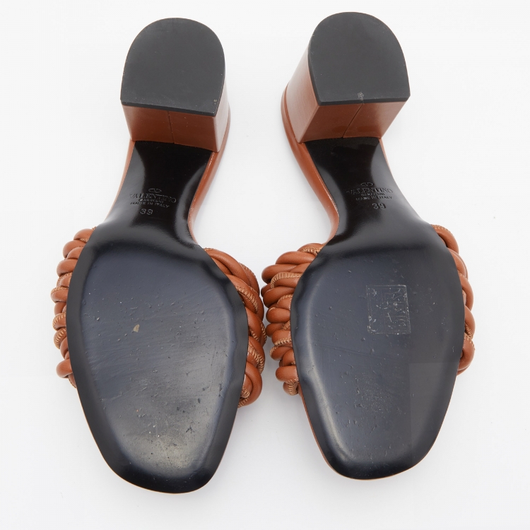 Pre Owned Valentino Brown Leather Rope Braided Slide Sandals Size 39