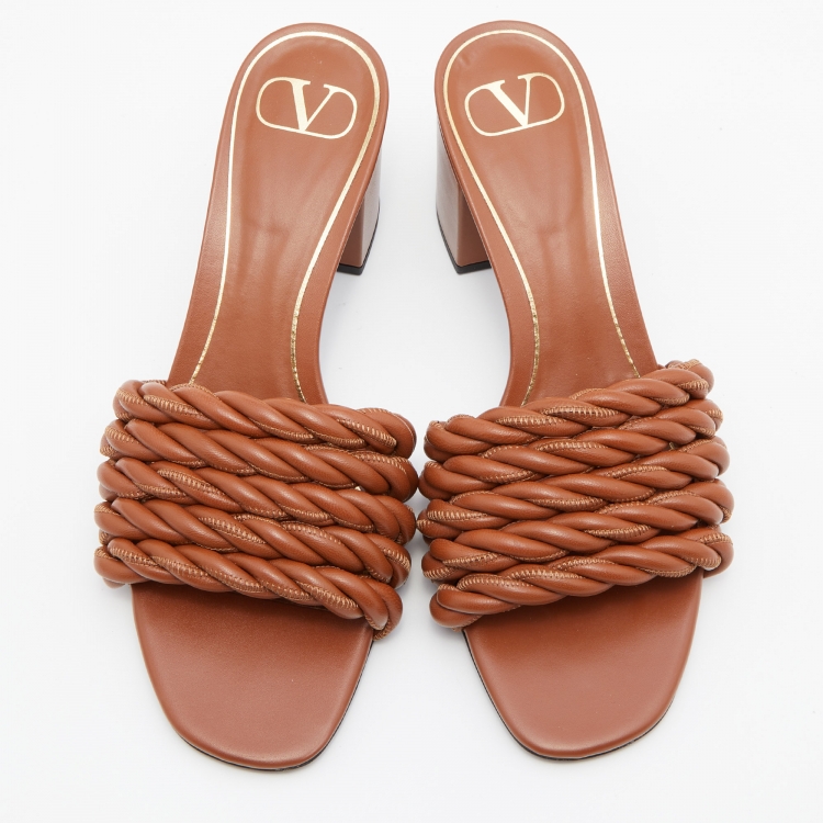 Pre Owned Valentino Brown Leather Rope Braided Slide Sandals Size 39