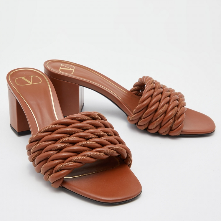 Pre Owned Valentino Brown Leather Rope Braided Slide Sandals Size 39