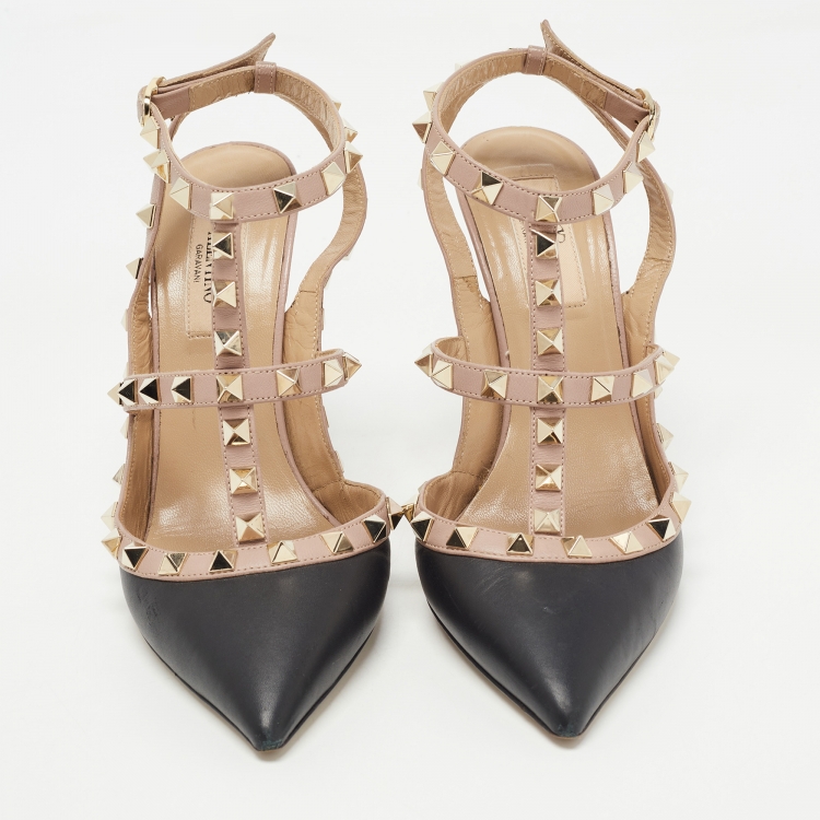 Pre Owned Valentino Black/Dusty Pink Leather Rockstud Ankle Strap Pumps Size 37