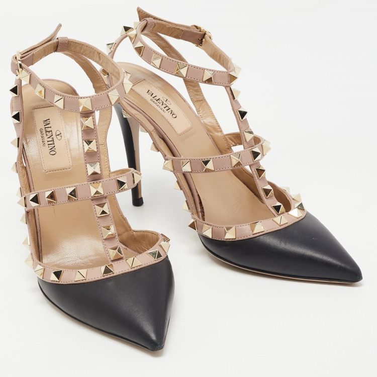 Pre Owned Valentino Black/Dusty Pink Leather Rockstud Ankle Strap Pumps Size 37