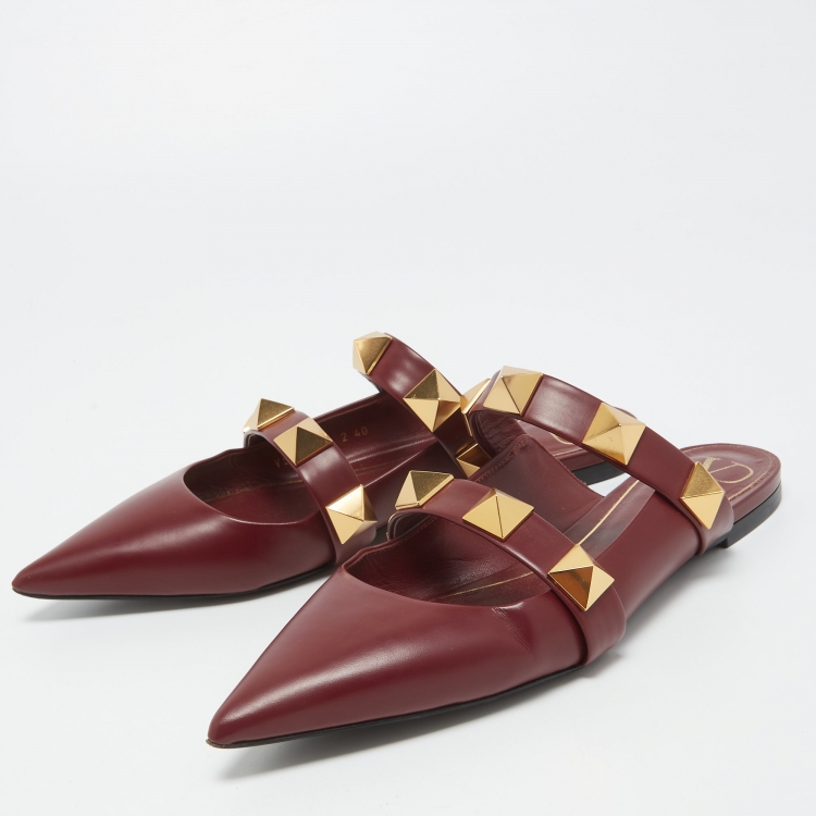 Valentino Burgundy Leather Roman Stud Flat Mules Size 40 Valentino | TLC