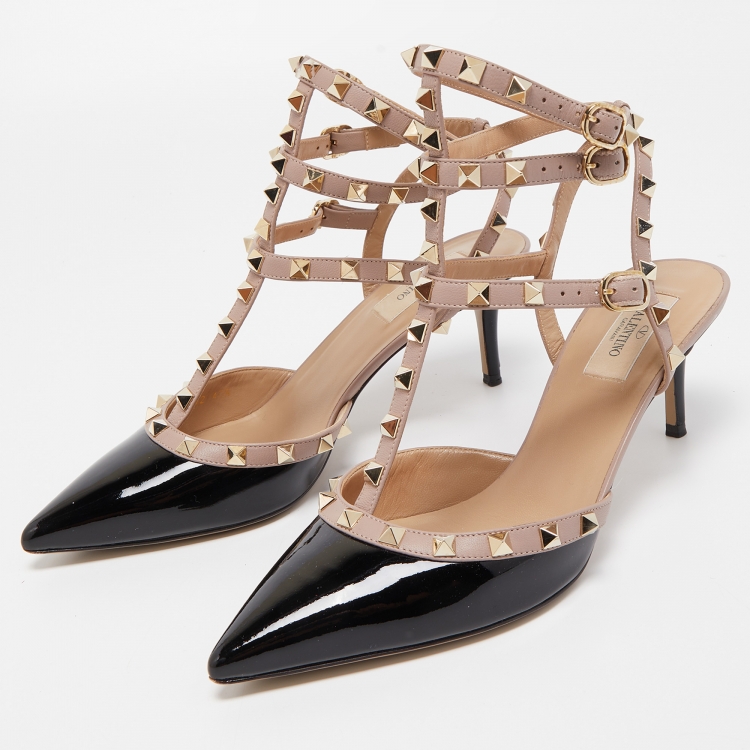 Pre Owned Valentino Black Patent Leather Rockstud Ankle Strap Pumps Size 40.5