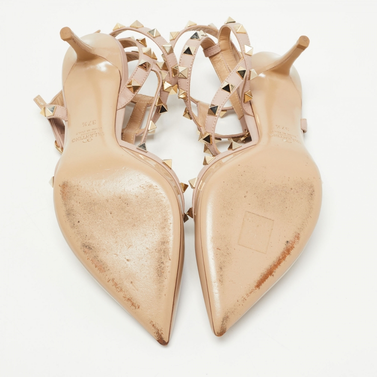Pre Owned Valentino Beige Patent Leather Rockstud Ankle Strap Pumps Size 37.5