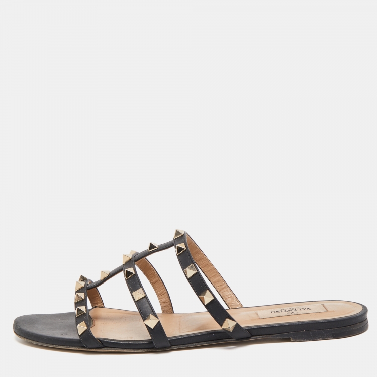 Pre Owned Valentino Black Leather Rockstud Flat Slides Size 40