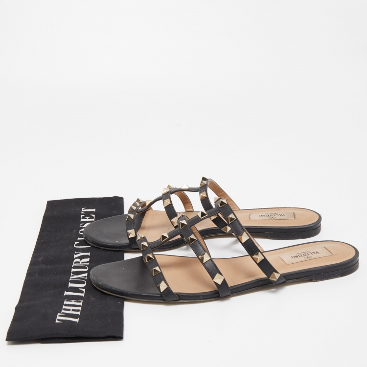 Pre Owned Valentino Black Leather Rockstud Flat Slides Size 40